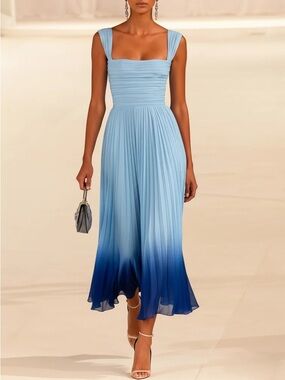 Fehaute Light Blue Ombre Pleated Chiffon Square Neck A-Line Midi Dress Womens 2